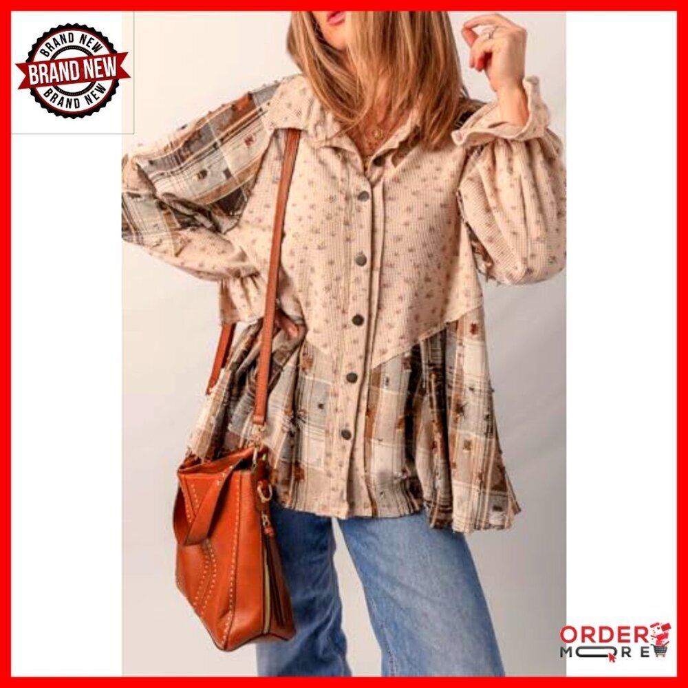 Waffle Knit Button Down Shacket Ruffled Sleeve Loose Fit Boho Floral Plaid - Picture 5 of 5